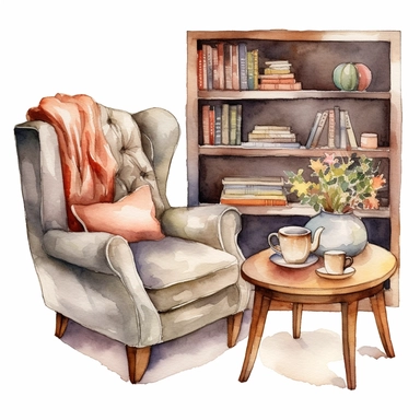 watercolored clipart,a cozy reading corner with a comfortable armchair, a bookshelf and a cup of tea