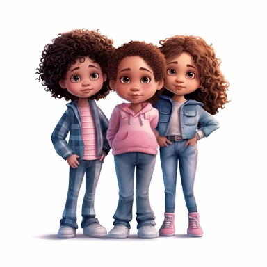 realistic a cute 3 little kids with curly hair standing with sholder holding in blue and pink plaid illustration clipart with white background