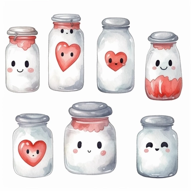 Collection of little flying baby ghost face, transparent glass jar and red love heart. Hand drawn watercolour graphic drawing on white, cutout clip art elements for print, invitations, banners, cards