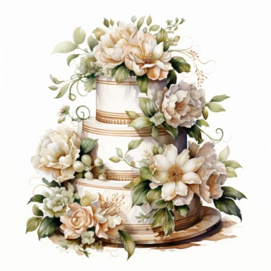 white wedding cake, high level watercolor, hyper realistic cartoon, white background, 8k, ultra detailed clipart