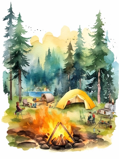 create a hand drawn watercolor clipart depicting campfires surrounded by tents, camping gear, and people enjoying the warmth of the fire, 4k,