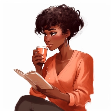 Gorgeous black woman clipart, studying the bible sipping a coffee, pixie cut hairstyle, peach blouse, dark brown skinned, melanin, white background