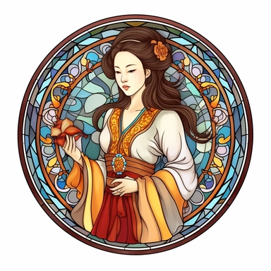 Vintage Cute Beautiful Round Stained Glass Korean fashion girl Sublimation Clipart, Cartoon, hyper realistic, intricate detail, illustration style, high solution, on the white background