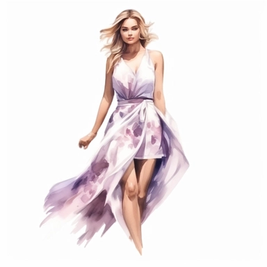 watercolor style, beautiful woman in summer dress in shades of mauve and white, realistic, clipart, isolated on white background, 4K