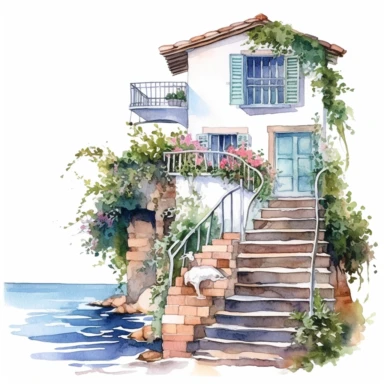 Watercolor ocean seascape cottage garden with stairs and the balcony clipart, white background