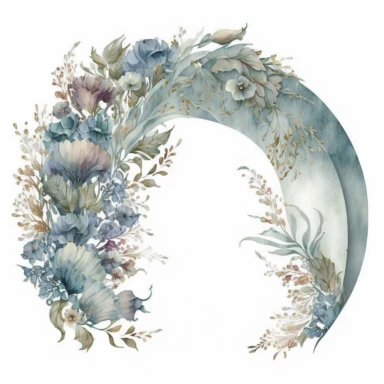 rounded horseshoe arch of peonys. clipart. watercolor. dusty blue azure tones. white background