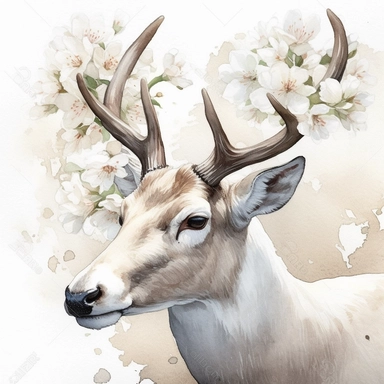 Deer portrait, very white magnolia flowers on a large antler, watercolor, clipart, illustration no background