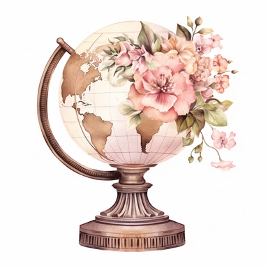 hand drawn , watercolor, hyper realistic, white background, white margins, 16k, ultra detailed clipart, cut out image, hand-drawn, ultra HD, sharp and clean art a vintage globe with delicate floral , capturing the romantic and feminine aesthetics often associated with vintage fashion and travel. light pink pastel