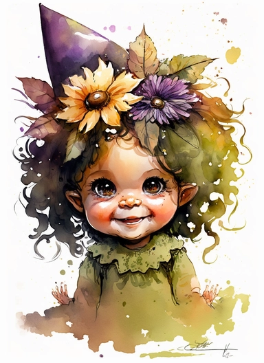 Cute little happy baby girl halloween witch with a flower hat on the head and with curly long hair and big eyes, watercolor by Thomas w. schaller, clipart, solid background, hd