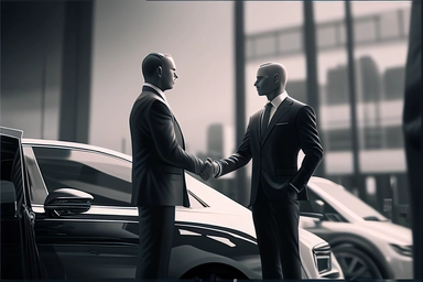 stock clipart, profiles of business people in front of car dealership, shaking hands, octane rendering, high detail, detail, sharp focus, noise reduction, vfx, post processing, 8k, no blur,