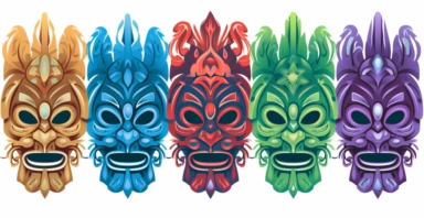 neon samurai tiki masks, clipart, white background, vector