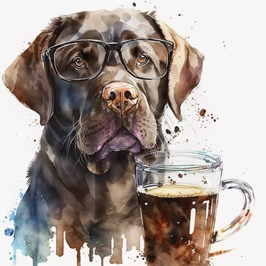 dog labrador,glasses,happy,funny playful, Watercolor,Clipart,drink coffee