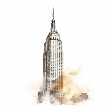Empire state building in the style of delicate minimalistic illustration, sparse and simple bright watercolor, mostly blank, dotted, plenty of white space, low view, 8k, high resolution, hyper quality, separate element, clipart, white background