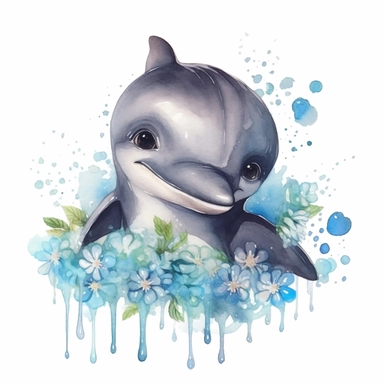 watercolor funny create kawaii marbled black ,silver, teal chibi dolphin with forgetmenot flowers with babysbreath clipart, isolated on white background,space out--ar3:2--s1000