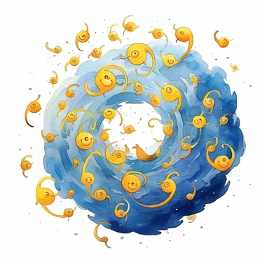 a lot of little yellow suns and blue clouds flying in a spiral. Pixar childrens book cartoon style, detailed, modern, urban, watercolor, full color, flat color, white background, children book illustration. Watercolor clipart. Pixar animation