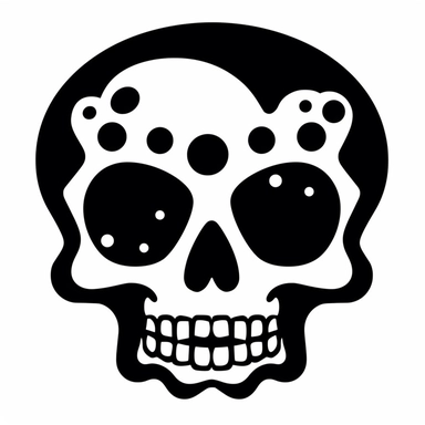 black and white silhouette of a friendly cartoon skull, clipart style, white background, thick lines, vector, simple design, flat colour, solid colour