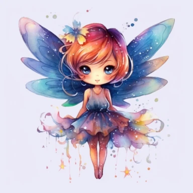 Captivating little Cute Chibi fairy with multi-colored wings, surrounded by sparkling lights, captivating observers with an enchanting smile, deep, captivating eyes, and sparkling wings, against a white background filled with deep, high-contrast colors, creating a mesmerizing and joyful scene. on white background, clipart, watercolor