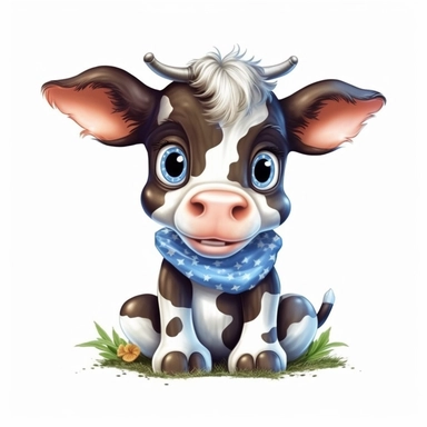 Cute Beautiful Funny Baby funny cow is sitting Full body Sublimation Clipart,Cartoon,hyper realistic, intricate detail, illustration style,high solution,on the white background