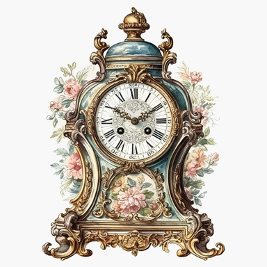large french Louis XV era clock, Watercolor clipart, single design, print on demand image, PNG transparent background, white background