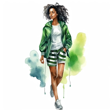 watercolor, black woman dressed up in harry potter slytherin clothing, green and black tennis shoes, style of eric carle white background, clipart