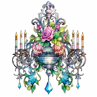Make a clipart of a fairytale watercolor victorian chandelier, rococo, with bright pastel colors of blues and green, pink roses, gold accents, black outlines, hd, white background