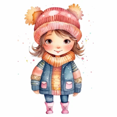 a happy little cute girl in a five-year-old, knitted jacket,, style by Lusy Fleming, folk art, watercolor, clipart elements, smooth gradients, black contour outline, ultra detailed, white background, super clear, high quality