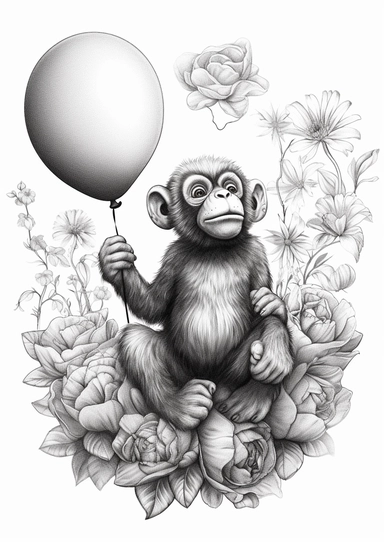 grayscale drawing, coloring for adult, cute baby monkey, sitting pose, balloon on a string, 8k high definition, masterpiece, ultra sharp focus, high defined details, clipart, flowers in the background