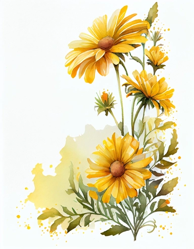 detailed watercolor yellow daisy corner border , isolated on white background, realistic, clipart