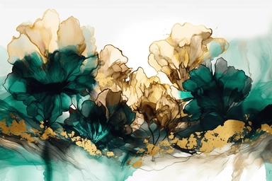 beautiful alcohol ink of emerald and gold serene nature scene with a central focus on a blush flower. crystals, gentle wave , glam, glossy, glitter texture, liquid ink clipart,abstract style, modern and stylish design, bright colors, 300 dpi, clear decoration , clear white background, highly detailed digital art, 8k