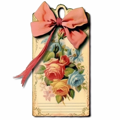 victorian vintage tie on tag, gift card, with vintage roses, clipart, clip art, white background, ephemera
