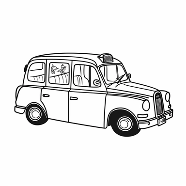[Theme: United Kingdom] London black cab cartooon, simple clipart, coloring book for kids, minimalist cartoon vector line art, thick solid black lines, black and white, isolated on white background