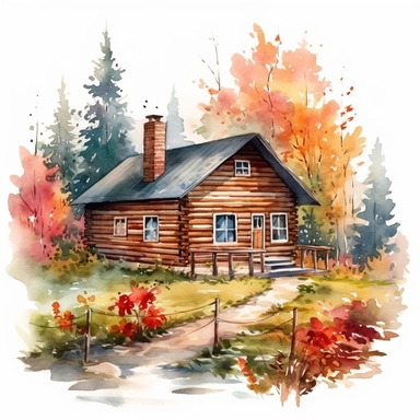 a log cabin in the woods with a garden. it is autumn. on a white background. clipart. watercolour