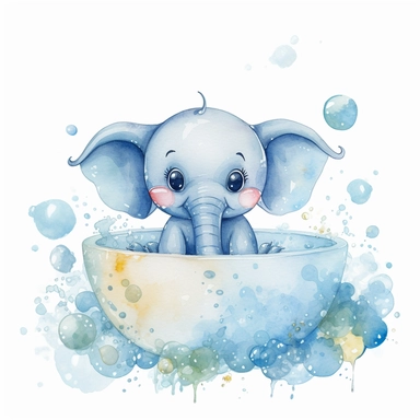 Clipart image of a cute blue baby elephant with big curious eyes and a happy expression lying in a bathtub. The elephant is surrounded by bubbles and has a toy duck floating nearby. The image is in profile and on a white background, made with watercolors. Perfect for children's projects and designs.