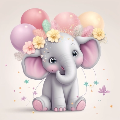 a detailed very colorful vector Clipart image sticker of a beautiful majestic magical floral smilling baby elephant and pastel pink balloons colors holding balloons with a white background, pastel light colors, fall colours, gold ropes, photorealistic, cinematic, Cinematic, Color Grading, Editorial Photography, Photography, Photoshoot, Shot on 70mm, Ultra-Wide Angle, Depth of Field, DOF, Tilt Blur, Shutter Speed 1/1000, F/22, Gamma, White Balance, Neon, Light, Dark, Light Mode, Dark Mode, High C