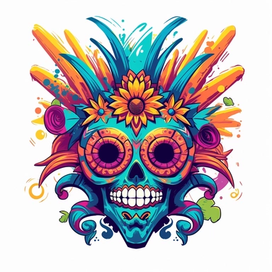 isolated flat clipart on a white background of a spooky day of dead themed voodoo mask tshirt design graphic, in the style of daniel f. gerhartz, transcendent, nikon d850, art of burma, captures the essence of nature, in the style of organic forms and patterns, expansive skies, hyper-detailed illustrations, i can't believe how beautiful this is, lively colors