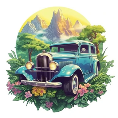 old car, close up, a sticker, artwork of t-shirt graphic of the majestic forest, in digital painting style, beautiful flowers, sunset mountains and clouds, big vines, stone temple covered in vines, plants surrounding, highly detailed clean, vector image, photorealistic masterpiece, professional photography, realistic, flat white background, isometric, vibrant vector, clipart, illustration, realism, 4k, cinematic, front view, paradise, extremely white background