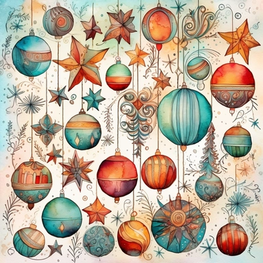 Watercolor line art, little squares filled with doodly patterns of  xmas ,ornaments and decorations , illustrations clipart set, simple, christmas colors , cartoon elements, different variants , stocking, bubble ornaments, xmas wreath, modern art, separate elements with a margin