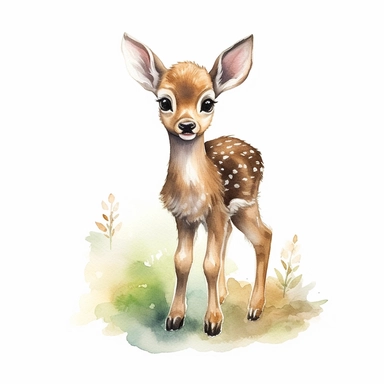 Watercolour animated whimsical cute baby woodland deer beautifully detailed perfect facial features four perfect legs and hooves Bambi inspired ultra highly detailed, 18k, sharp focus, bright photo with rich colours digitally enhanced, enhanced graphics, straight, sharp focus, bright lighting, intricate detailed png image ,high definition,300dpi,graphic clipart,computer graphics
