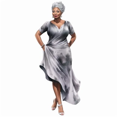 watercolor, full body front facing image of a beautiful mocha airbrushed full-figured black woman with gray hair, wearing a flattering dress, high heel shoes, clipart, HD, hyper realistic, natural look, vibrant colors, 3k resolution, white background