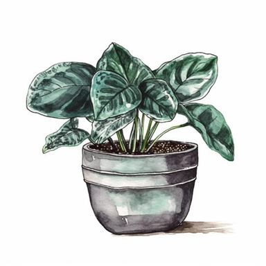 single houseplant in pot, watercolor clipart, beautiful houseplant , landscape art, scrapbook, black contour around the leaves,