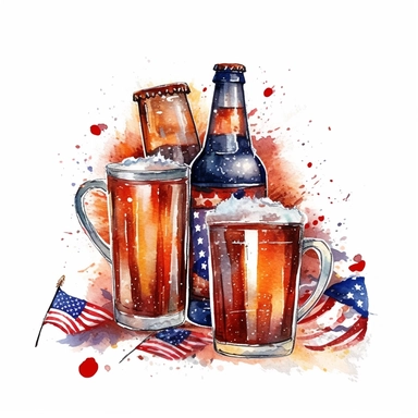fireworks, shades of American flag, patriotic, beers, celebration, aquarelle, clip art illustartion