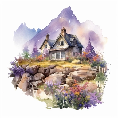 watercolor cottage house on stones cliff wildflowers clipart, far away mountains, subdued colors