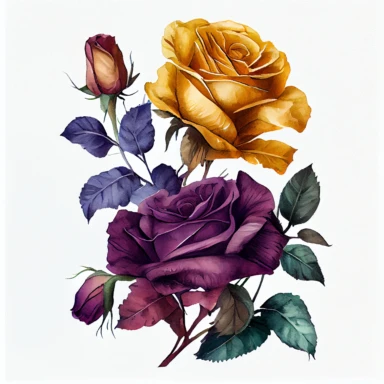 a group of 2 detailed roses together ,the colors are Mustard Yellow and Deep Purple arranged clipart, watercolor, 8k, white blank background