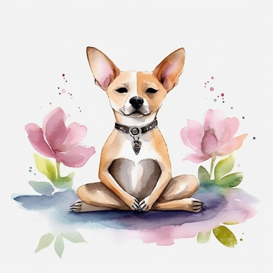 cute dog doing yoga exercise, yoga lotus flower background, watercolour clip art