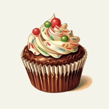 vintage Christmas chocolate cupcake clipart, with chocolate frosting, sprinkles, candy, m’n’ms, 1940s , chromolithograph, on a cream colored background