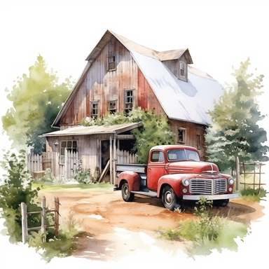 farm barn, a building made of typical American white wood, lots of plants, old American pick-up truck in the driveway, american pick-up trees behind the building, watercolor, clipart, realistic,