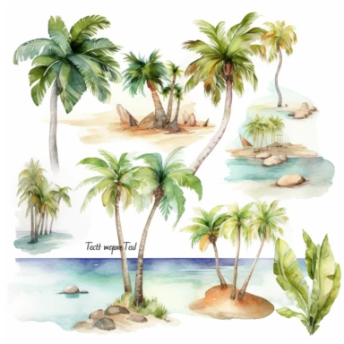 Tropical island beach clipart set isolated on white, watercolor, - - no photograph - - v 5.1
