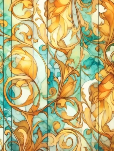 panel made of amberwood, clipart, soft, flowing lines, elegant, Art nouveau, teal and amber color scheme, Alcohol ink watercolor, no background