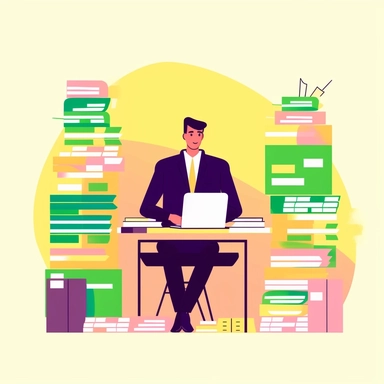 a simple flat microsoft office clip art style illustration of a business man organising contracts effectively, a computer desktop view of well organized documents on the background, light pink green yellow pastel color palette--ar 16:9