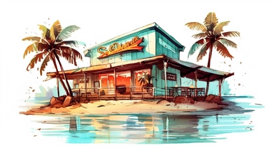 Beach Coffee shop clipart water color aqua retro style